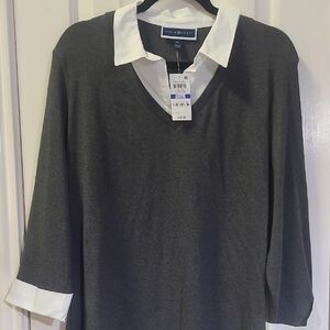 Karen Scott Charcoal and White V-Neck Top